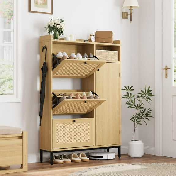 Rattan Shoe Organizer with 3  Drawers and 4-Tier Adjustable Shelves – Freestanding Entryway and Hallway Shoe Rack