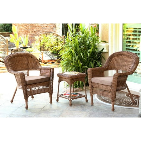 3-Piece Honey Wicker Patio Chairs and End Table Furniture Set - Brown Cushions