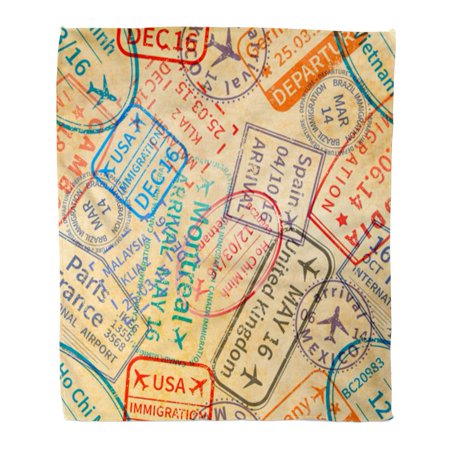 KDAGR Flannel Throw Blanket Pattern Lot of Colorful International Travel Visa Rubber Stamps Imprints on Old Passport 50x60 Inch Lightweight Cozy Plush Fluffy Warm Fuzzy Soft