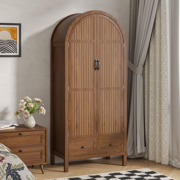 Wardrobe Closet Modern Armoire Wardrobe Closet 70.87" with Drawers and Arched Fluted Doors Wooden Bedroom Armoires with Shelves and Hanging Rod