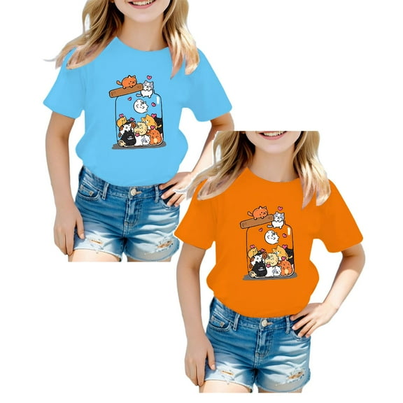 Little Girl Short Sleeve Tee Shirt Cotton Casual Crewneck Graphic Tops Multiple colors T-Shirts 2 Packs