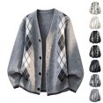 thumbnail image 4 of Mens Cardigan Sweaters Argyle Plaid Button Down V Neck Knit Long Sleeve Loose Knit Outerwear Sweaters Tops, 4 of 9