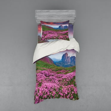 Ambesonne Landscape Bedding Set 3 Pcs, Mountain Village Fall, Twin XL, Pink Green