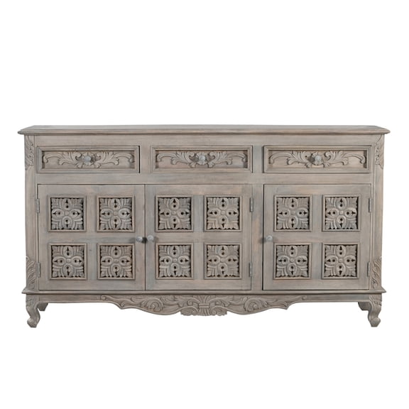 Taran Designs Isabella 3-drawer 3-door Carved Solid Wood Sideboard in Gray