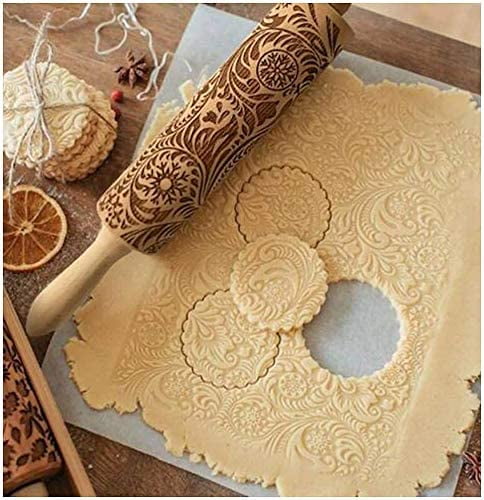 Embossing Rolling Pin for Christmas,3D Flower Pattern Wooden Roll Pin Laser Engraved Rolling Pin DIY Tool,Rolling Pin for Baking Cookies Biscuit Fondant Cake Dough Clay 385 