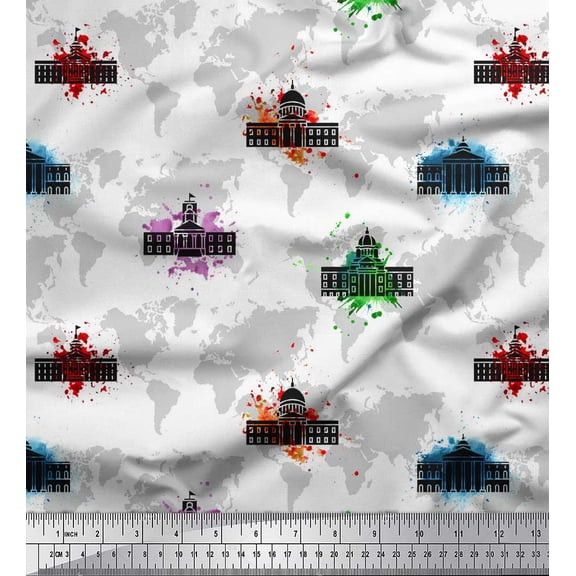 Soimoi Black Cotton Voile Fabric Brush Stroke & Sketch Monuments Architectural Print Sewing Fabric Yard 42 Inch Wide