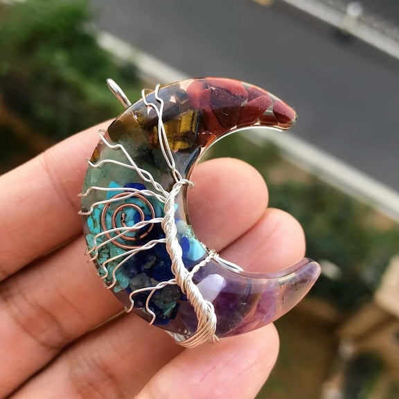 QQTDFG Yoga 7 Charka Stone Tree Of Life Moon Pendant Energy Reiki Healing Amulet-default