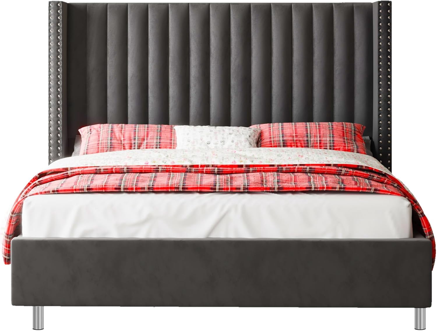 VanAcc Queen Velvet Tufted Upholstered Platform Bed Frame with Headboard , No Box Spring Needed, Grey