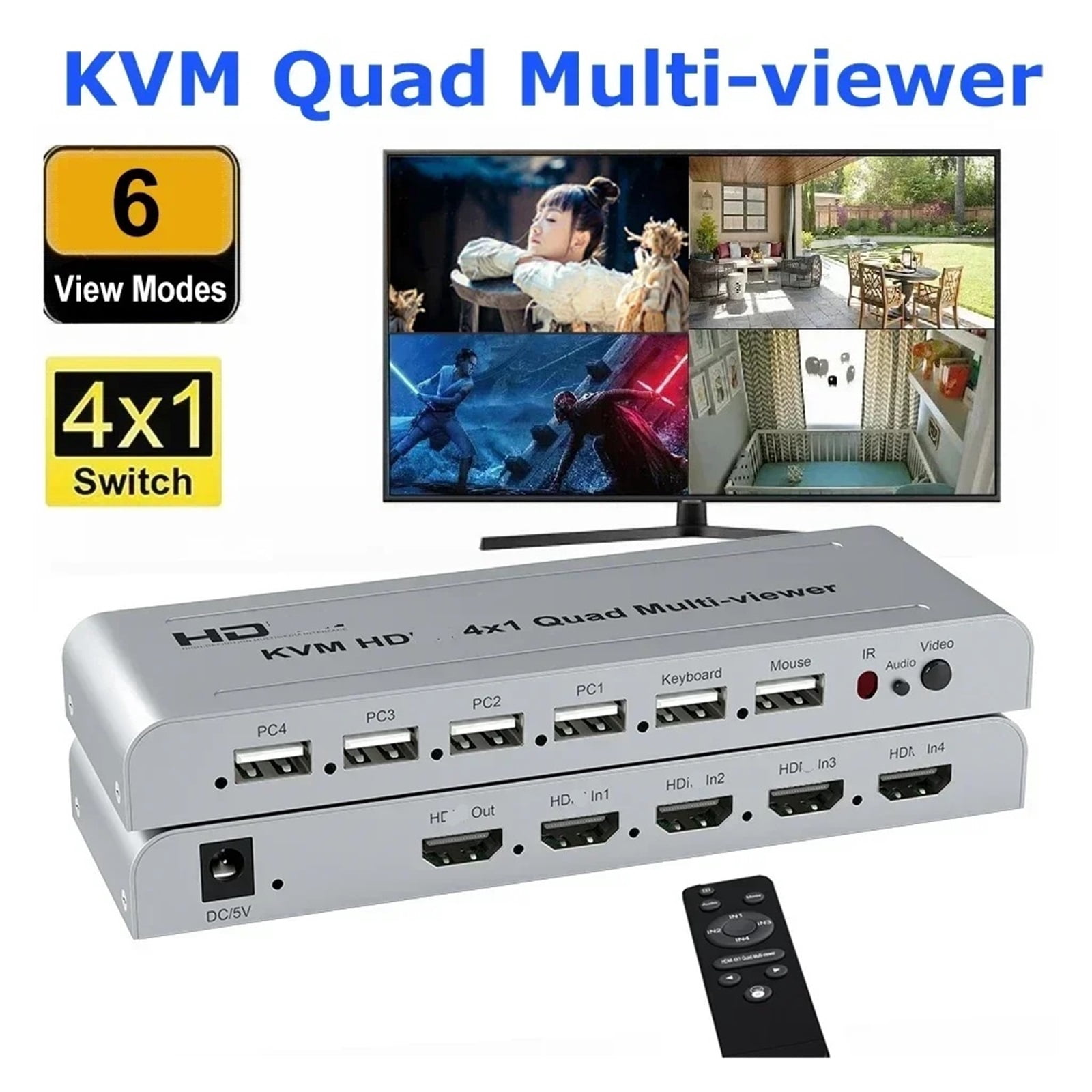 4-In 1-Out Quad HD Video Viewer, Smart KVM Hub for Mouse & Keyboard