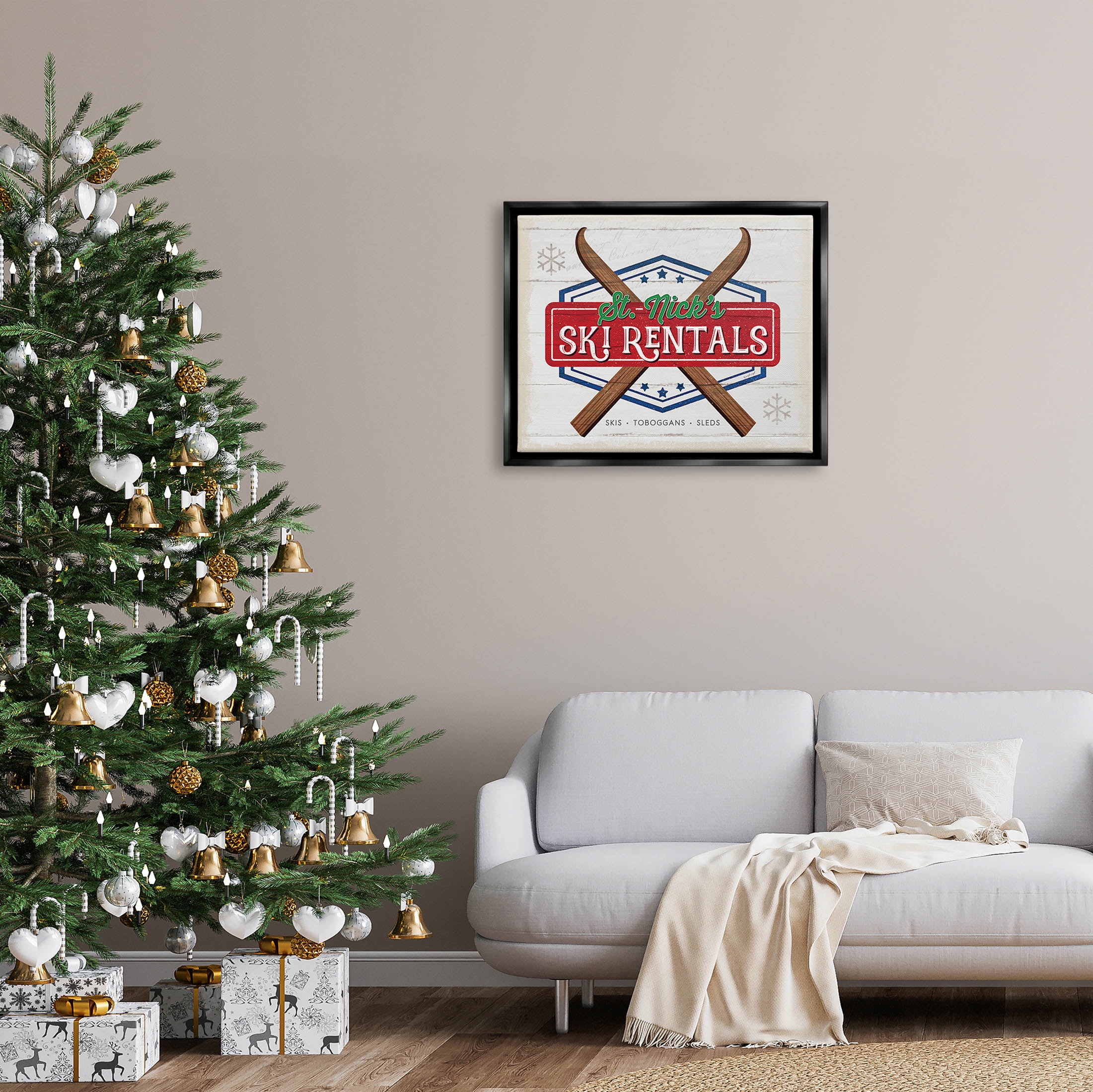 Stupell Industries St. Nick's Ski Rentals Vintage Graphic Art Jet Black Floating Framed Canvas Print Wall Art, Design by Jennifer Pugh