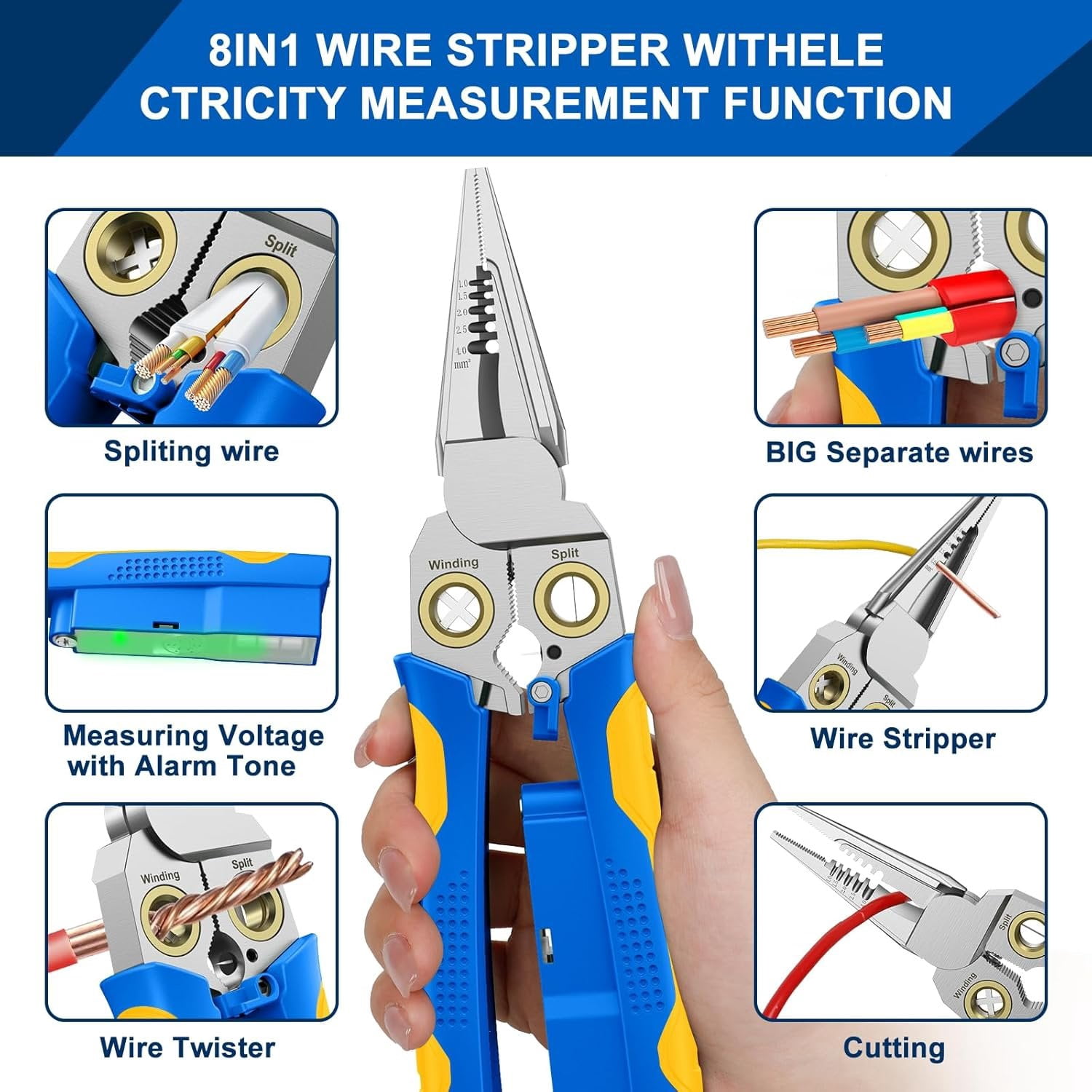 Pro 8-in-1 Wire Stripper/ with  Tester & Dual Alarms - Heavy Duty 12-250V  Electrical Tester for Hot/Neutral Wires - Electrician, HVAC,  Repair Tool (Blue-1)