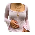 thumbnail image 2 of hirigin Women Knit T-shirt, Long Sleeve Square Neck Hollowed Solid Fall Tops for Casual Street, 2 of 9