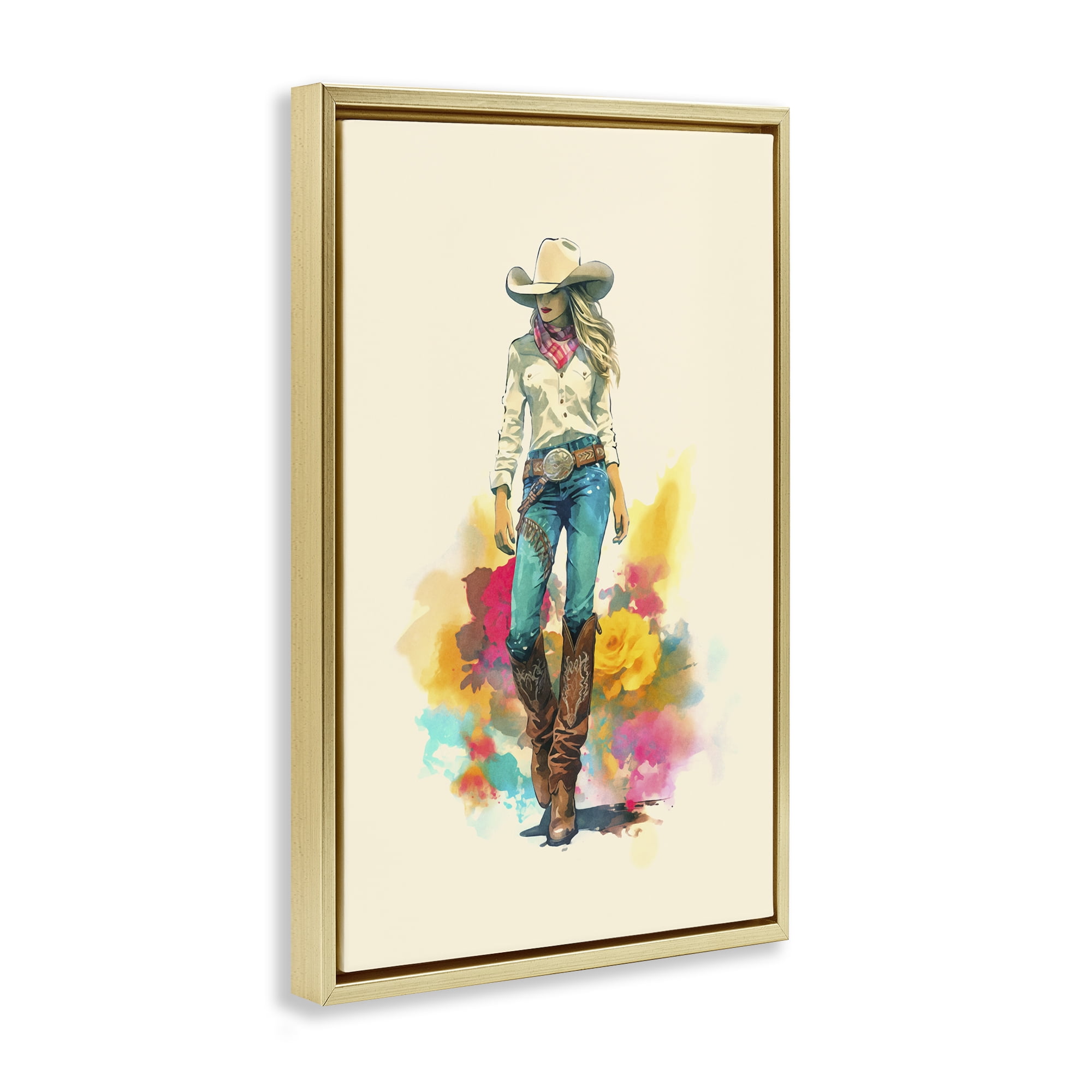 Stupell Industries Prairie Princess Cowgirl People Painting Gold Floater Framed Canvas Art Print Wall Art, 21 x 31