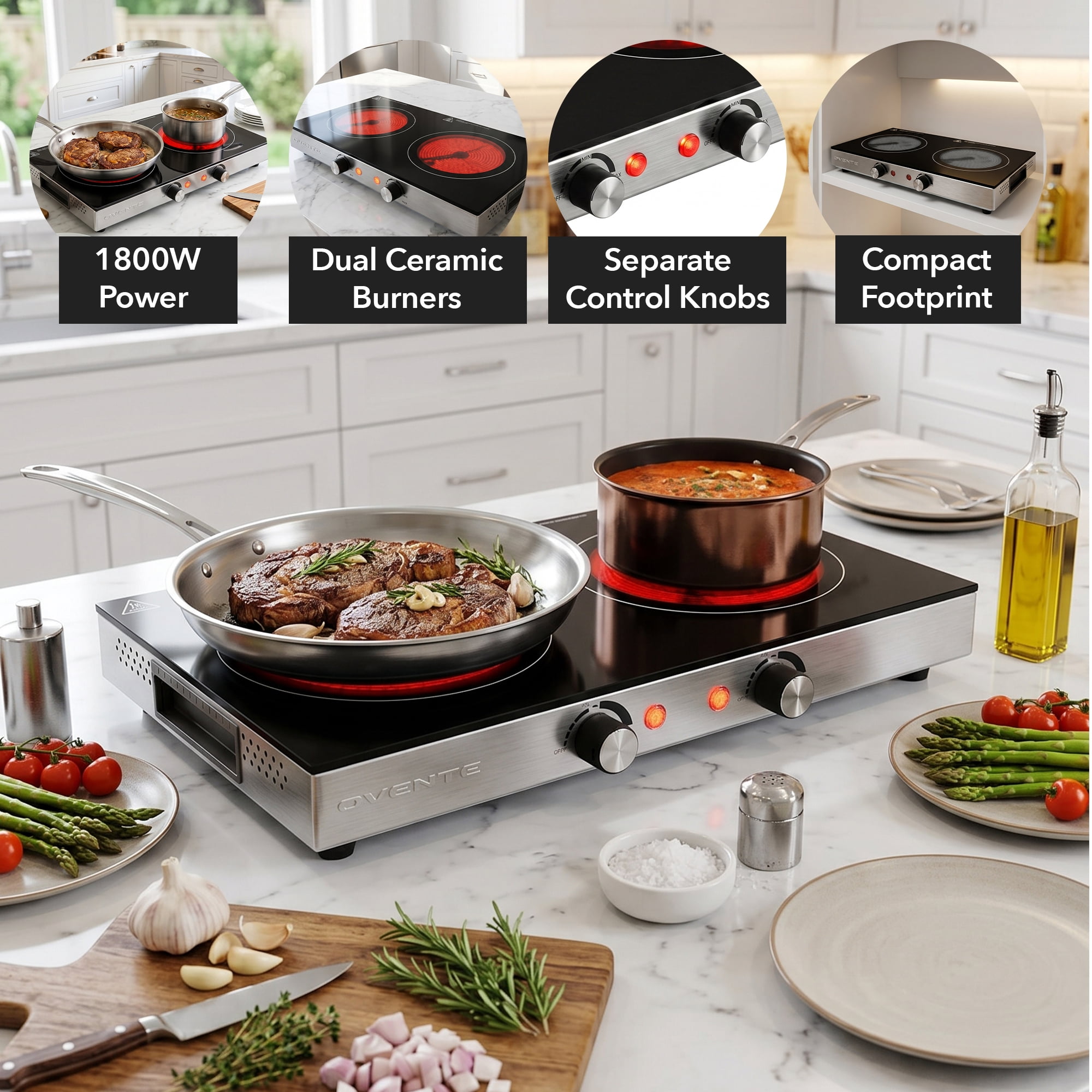 OVENTE Infrared Ceramic Double Burner, 1800W Hot Plate, Black BGI302GB, Crystalline Glass, Portable Stainless Steel Cooktop for Home, Office, or Dorm Use, Non-Slip Feet