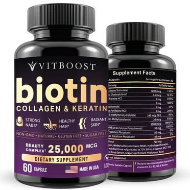 VITBOOST Biotin with Hyaluronic Acid, Collagen and Keratin â€“ 25000 mcg Hair Growth Vitamins for Men and Women â€“ Nails and Skin, USA Made, B1, B2, B3, B6, B7 Complex - 60 Capsules