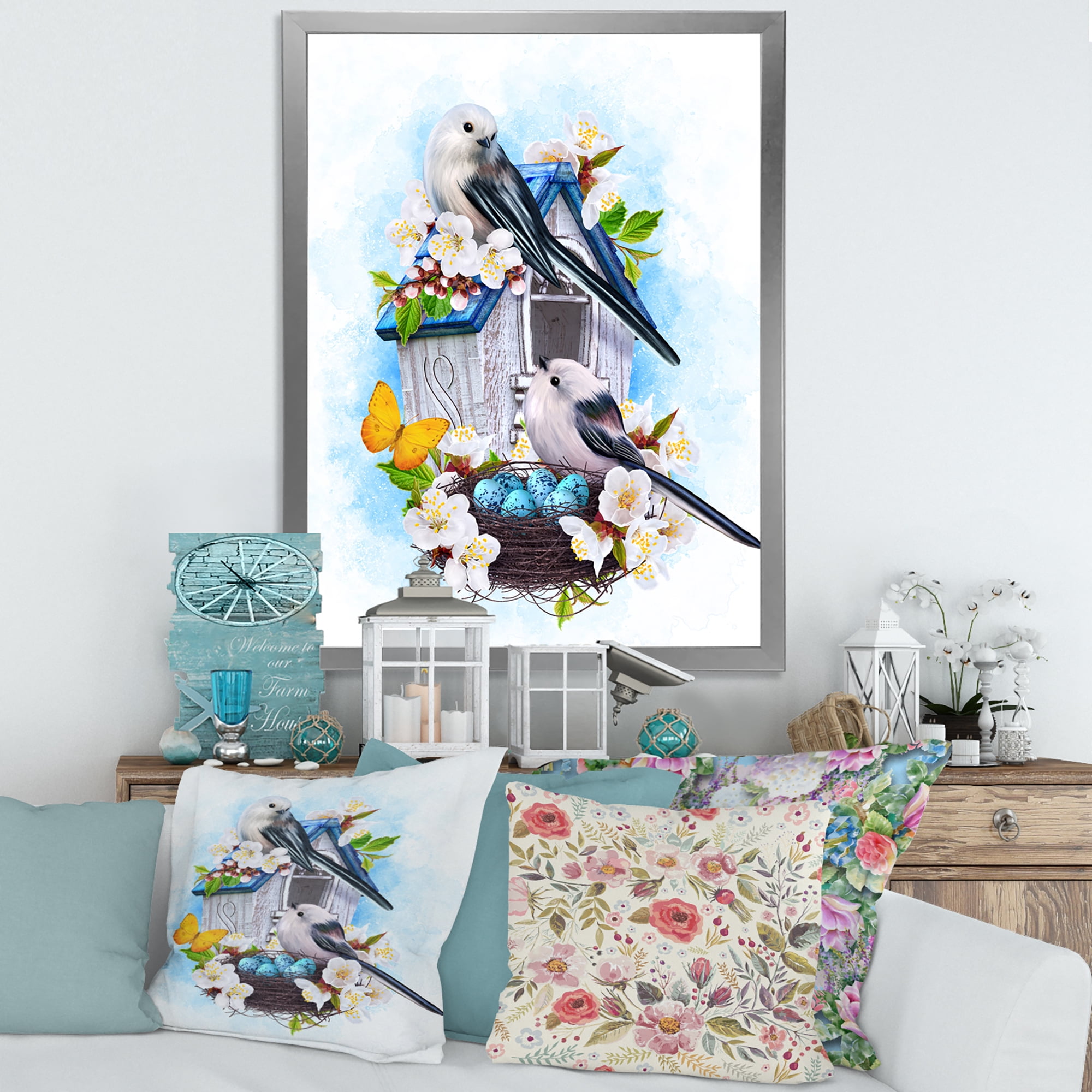 Designart 'Two Tit Birds Sitting Near The Nest With Eggs and White Flowers II' Traditional Framed Art Print