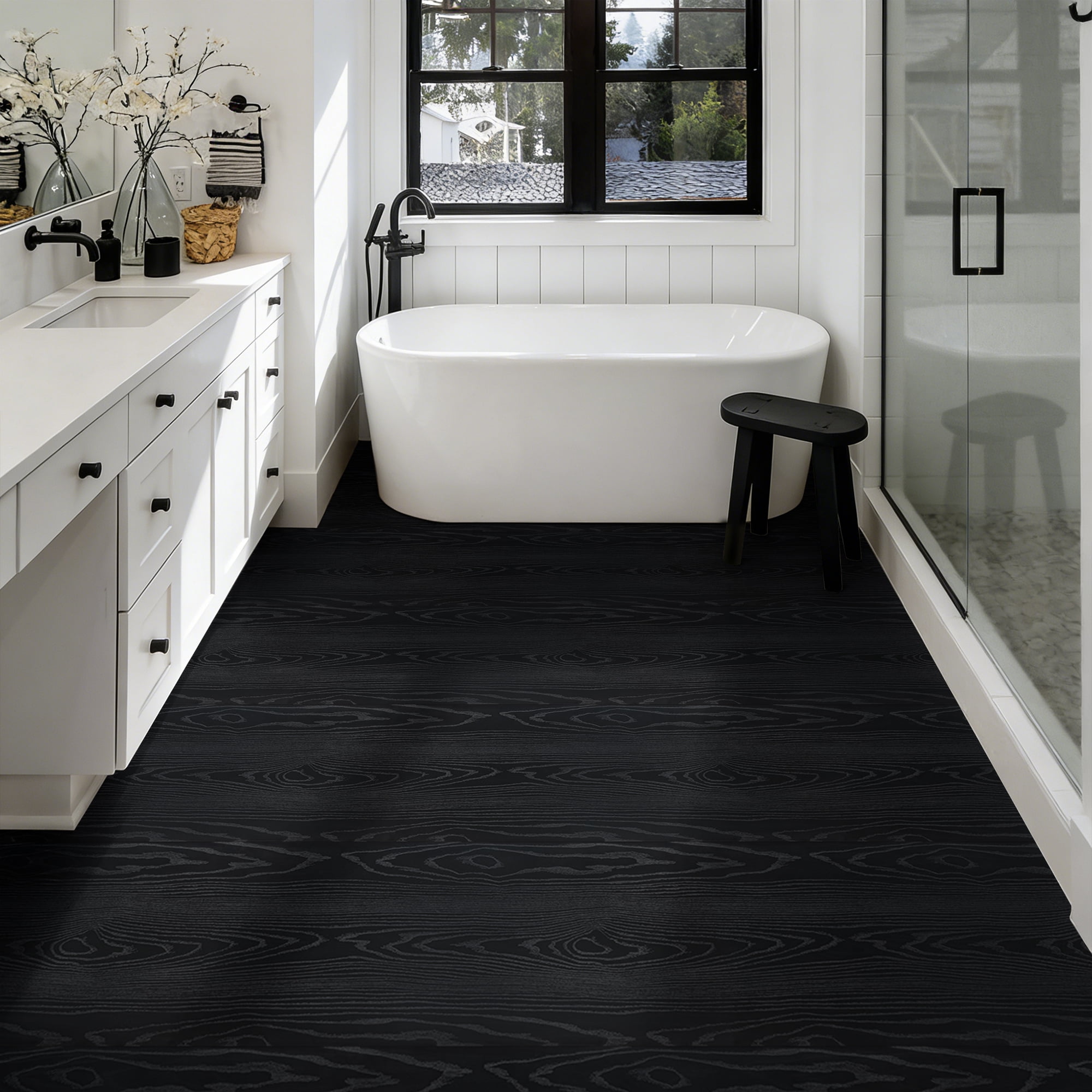Abyssaly Vinyl Peel and Stick Flooring tile 15.7" x 236", Covering Area 25.8 Sq.ft, Self-Adhesive Floor Tile Black Wood-Look for Home Decoration