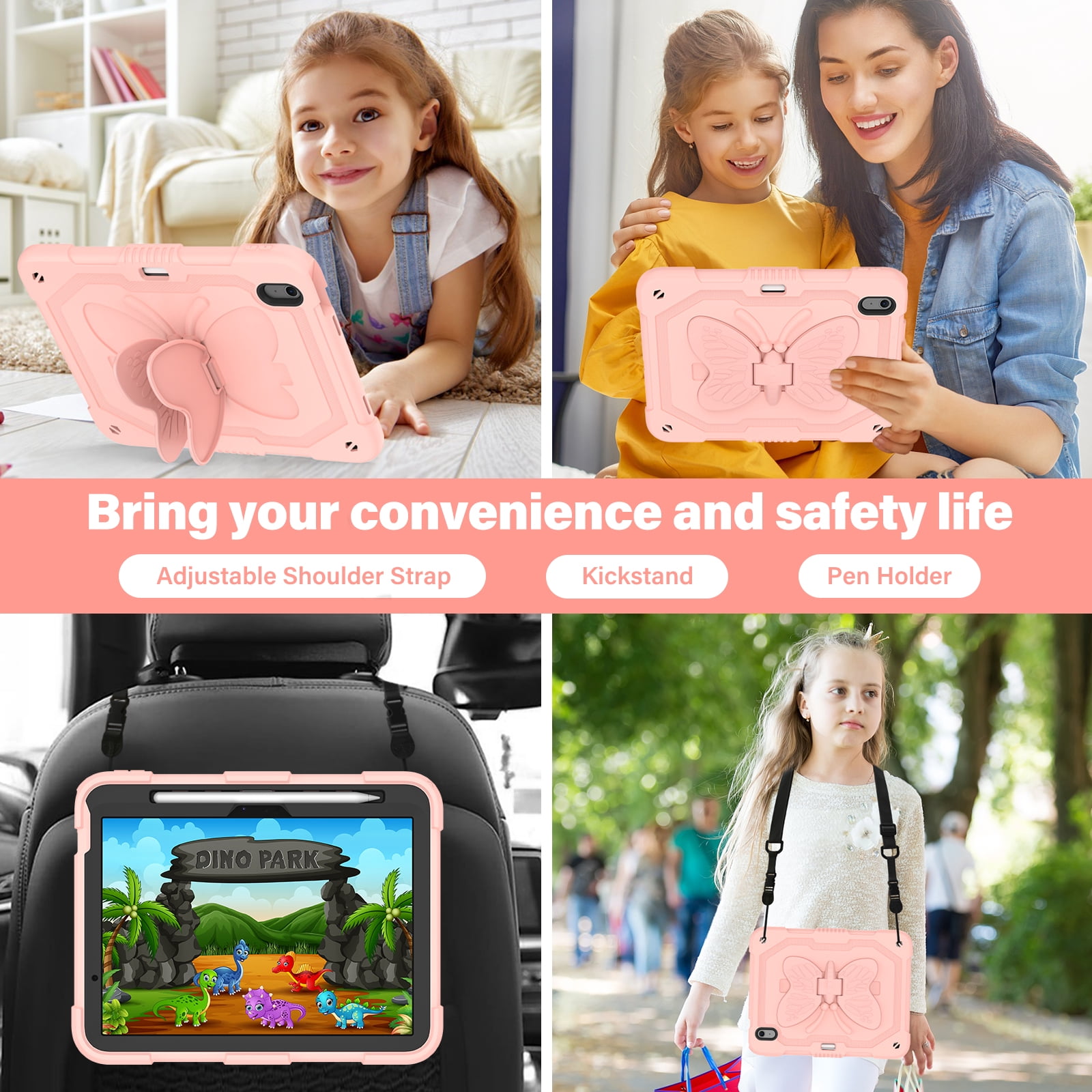 Dteck Kids Case for iPad Air 11 inch M2 2024,iPad Air 11 inch 2025 M3 Butterfly Kickstand Silicone Case Shockproof Armor Built-in Pencil Holder Kids Friendly Cover with Shoulder Strap,Pink