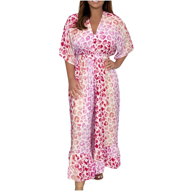ICHUANYI mono informal de cintura alta para mujer, mono holgado estampado de manga corta de verano, mono con pantalón de pierna ancha ICHUANYI WER202308231277