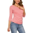 thumbnail image 4 of INSPIRE CHIC Women's Ruched Blouse Button Decor V Neck 3/4 Sleeve Solid Knit Top M Coral Pink, 4 of 6
