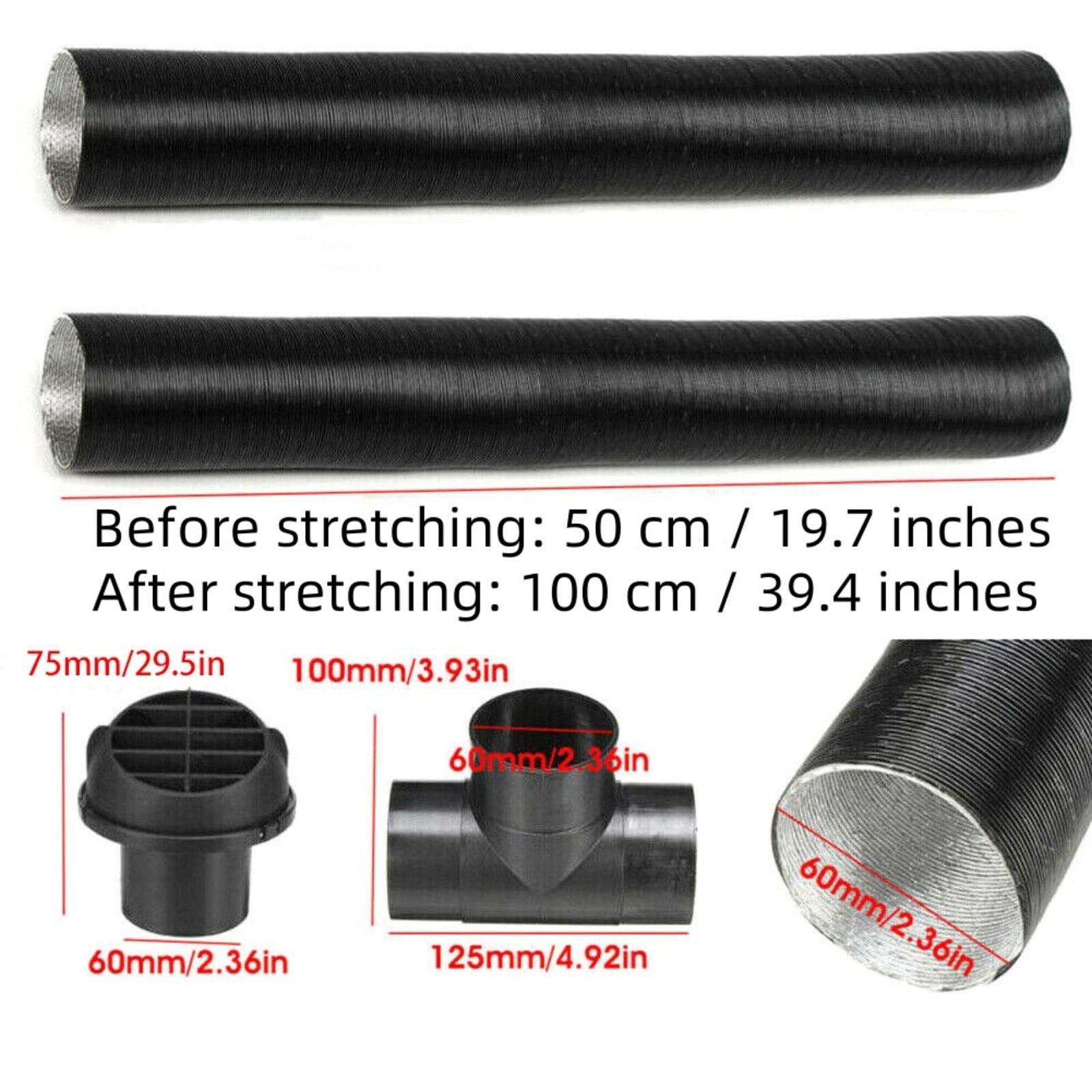 60mm Diesel Heater T Connector Kit with 2 Air Outlets Extendable Duct Pipes and Clamps for Webasto for Eberspacher for Propex