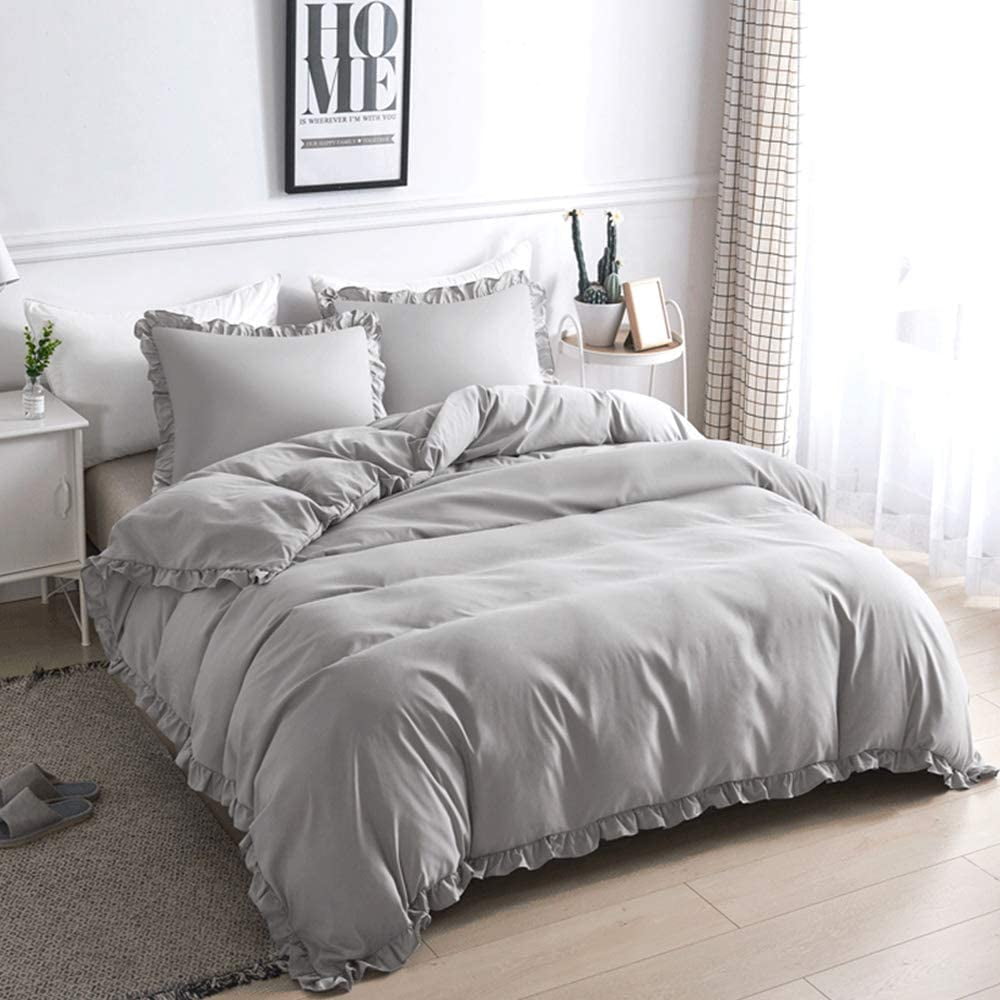 BEAUTIFUL SOFT MODERN WHITE GREY RUFFLE RUCHED DUVET COVER SET FOR COMFORTER 
