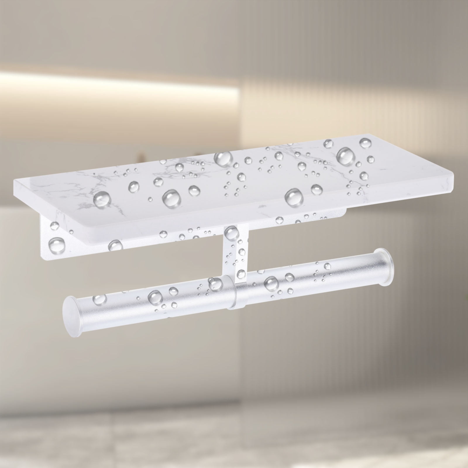 Unique Bargains Toilet Paper Holder with Marble Shelf Modern Design for Bathroom Silver