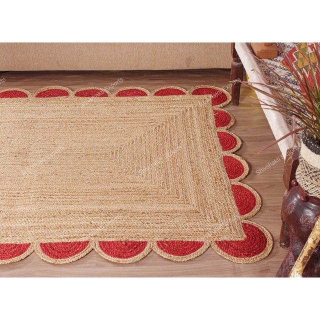 Scalloped Runner Rug, Jute Scallop Rug, Jute Runner Rug, Natural Jute Rug, Hallway Runner Rug, Runner Custom Rug, Custom Size Rug (Red, 2.5x8 ft)