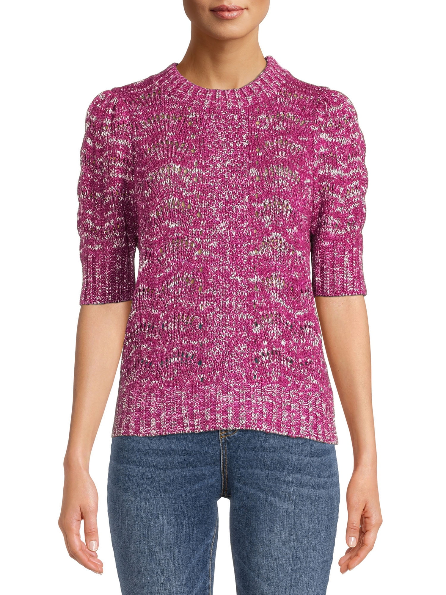 Time and Tru Women's Pointelle Puff Sleeve Sweater