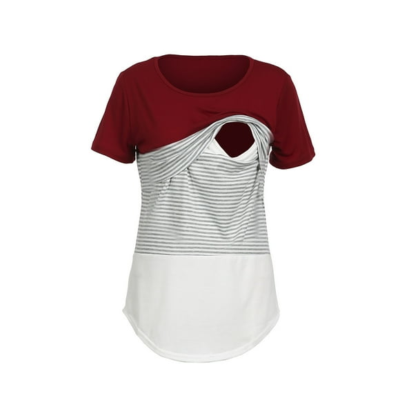 Ketyyh-chn99 Maternity Shirts Nursing Tops Women's Fashion Short Sleeve Cotton T-shirt Stripe Nursing Maternity Top Red,XXL