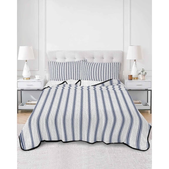 Quilts Twin Size, Navy Blue Striped Soft Comforter Bedding Set for Bed, Navy Blue White Stripes Farmhouse Lightweight Quilted Bedspread with Pillow Cover(2 Pieces) for All Season, 68x86 Inch