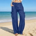 thumbnail image 2 of hoksml Womens Summer Wide Leg Cargo Pants Lightweight Drawstring Elastic Waist Beach Vacation Casual Trousers with Pockets, 2 of 5