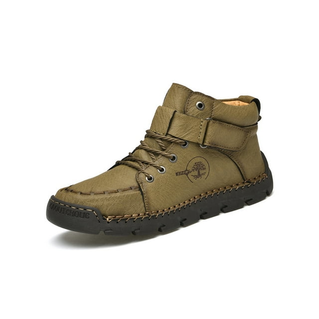 Woobling Men Comfortable Bootie Outdoor Retro Hook And Loop Non Slip Leather Shoes Khaki Green 10