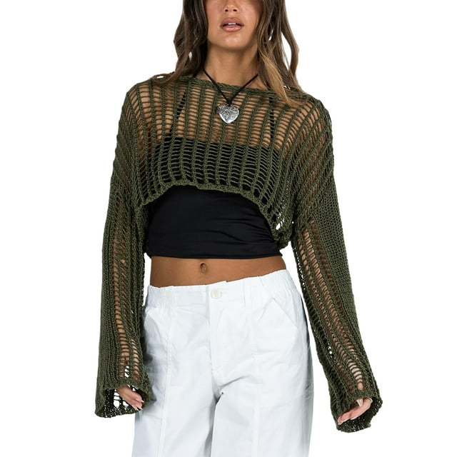 Kmbangi Hauts en Tricot Ajouré pour Femmes Mode Manches Longues Col Rond Crochet Ample Crop Tops Mode Urbaine