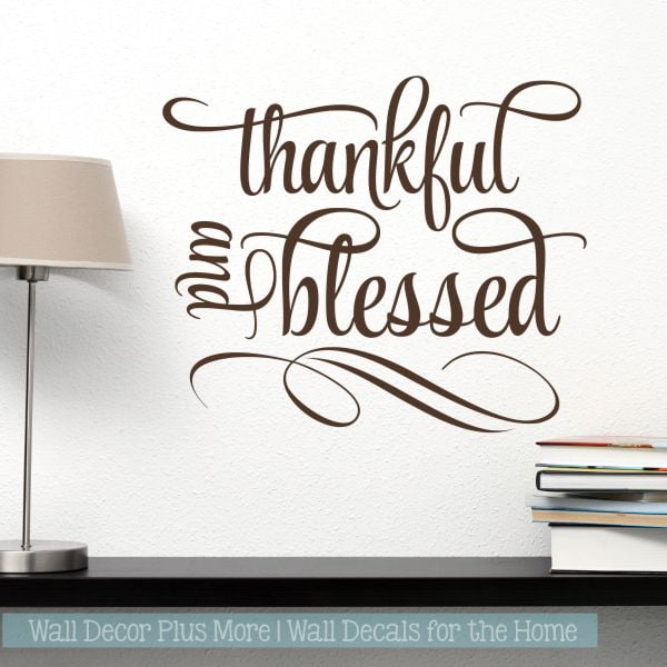 Kitchen Wall Art Decal Thankful Blessed Cursive Word Quote Swirls Wall Stickers 23x19-Inch Chocolate Brown