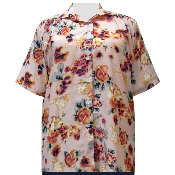 A Personal Touch Women's Plus Size Short Sleeve Button-Up Print Blouse with Pleats - Shell Pink Painted Floral - 2X