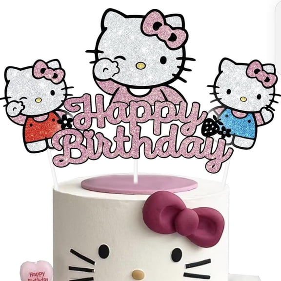 K.itty Birthday Cake Decorations, Cute Pink Glitter Happy Birthday Cake Toppers, Cartoon Party Supplies