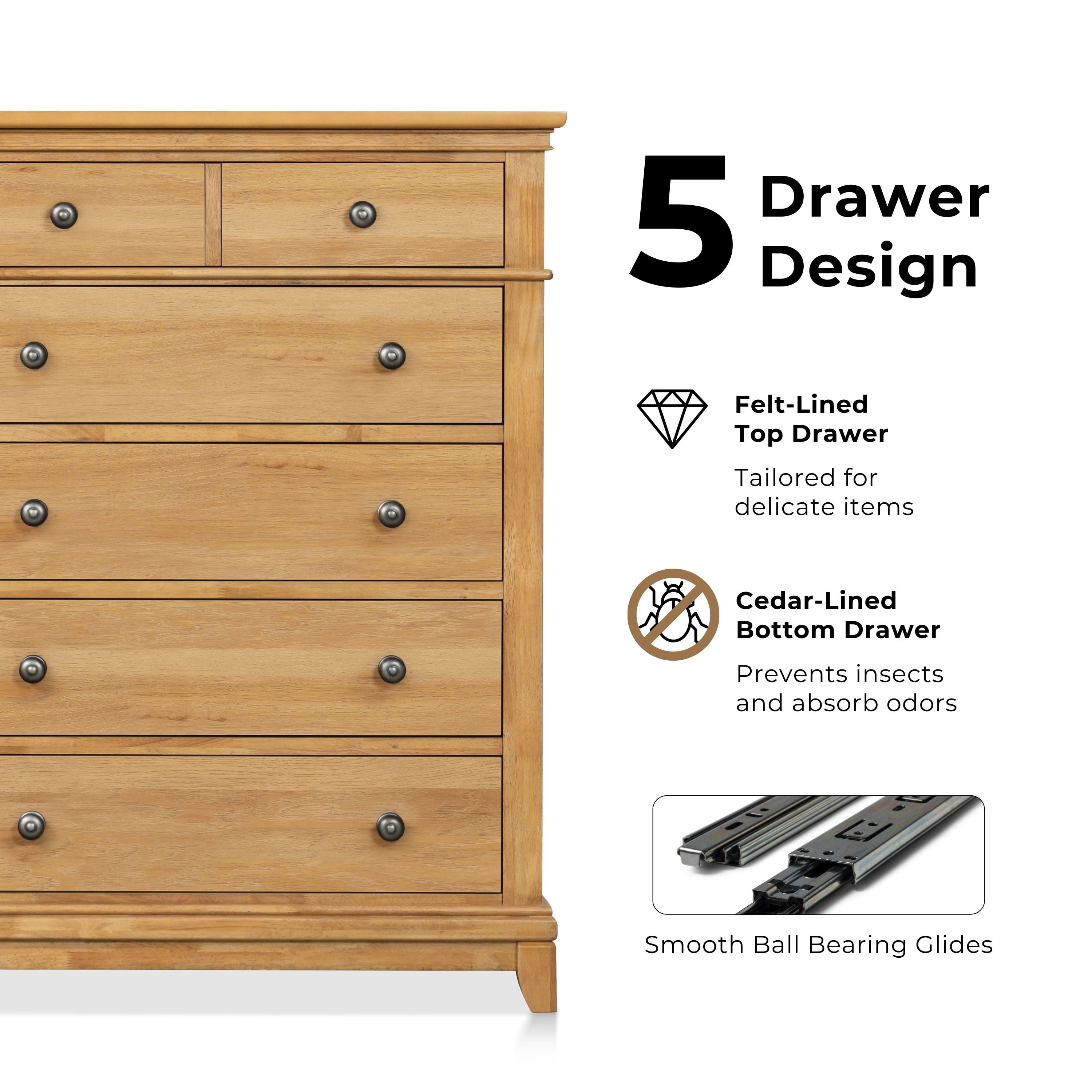 Furniture of America Stratford 5-Drawer Solid Wood Bedroom Chest, Natural Oak