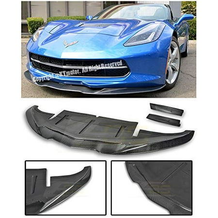 Replacement for 2014-Present Chevrolet Corvette C7 | EOS Aero Bottom Line Style Carbon Fiber Front Bumper Lower Lip Splitter with Side Wheel Deflectors