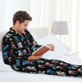 2 Piece Mens Pajamas Set, Cool Ice Hockey Black Long Sleeve Button Down