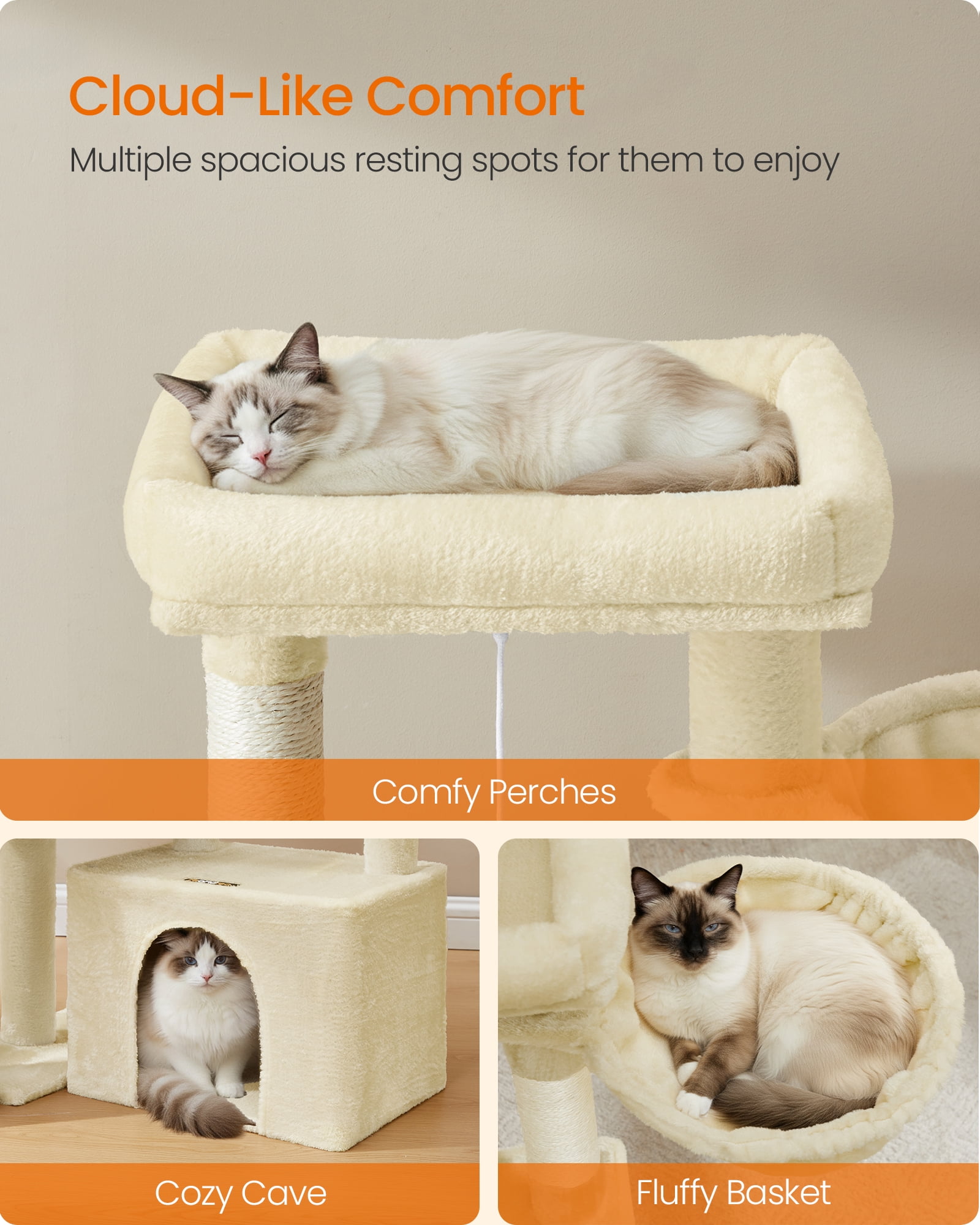 Feandrea Cat Tree, Cat Tower Condo with Scratching Posts and Ramp, 2 Large Perches, Cave, Basket, 33.8 Inches Tall, Summer Sand