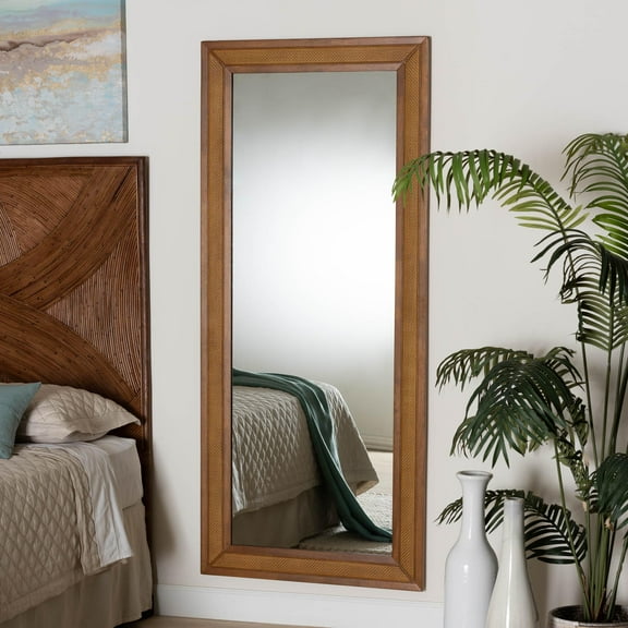 Baxton Studio Rowanne Mid-Century Mirror, Rubberwood with rattan look frame, Walnut Brown