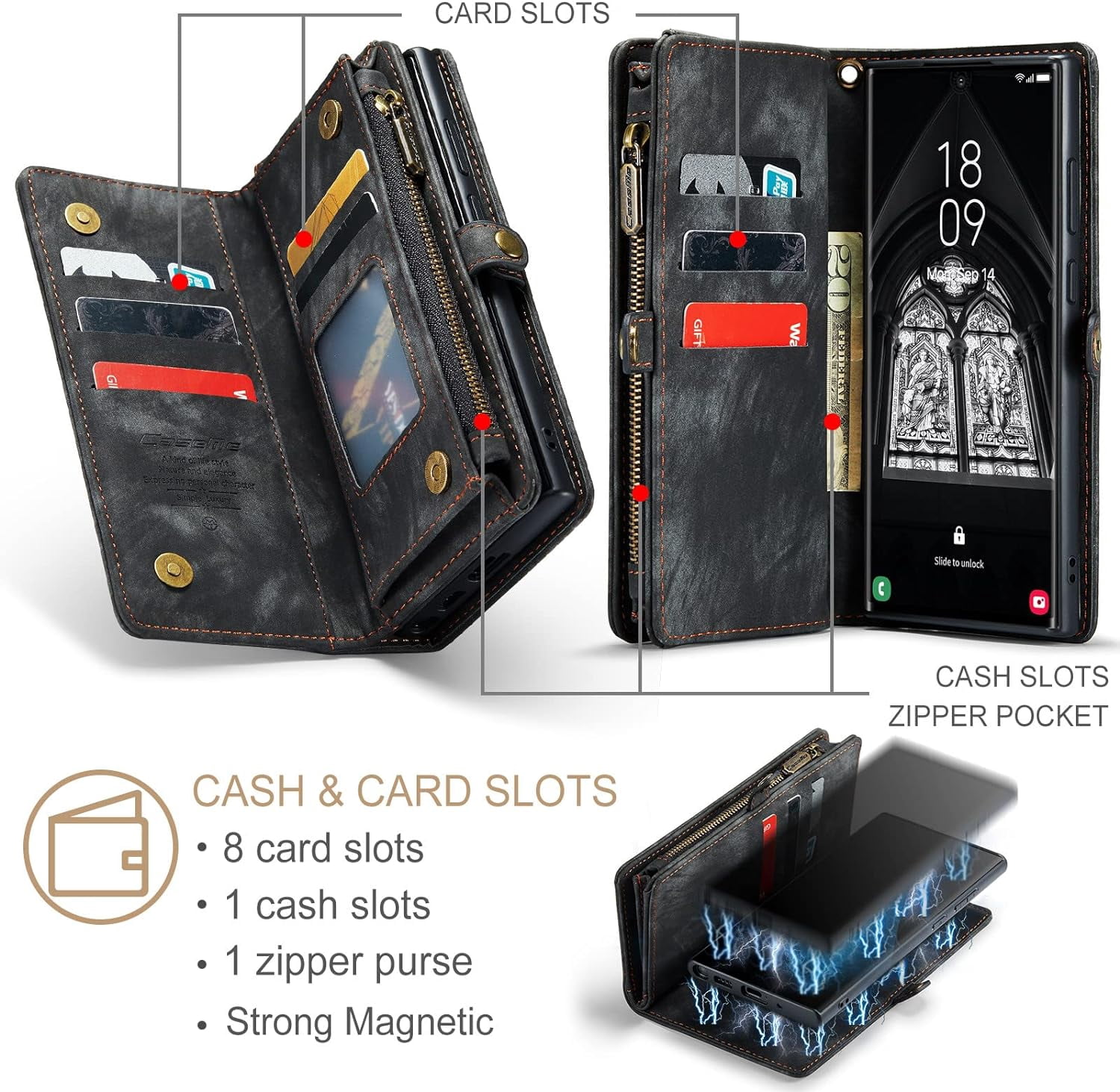 2 in 1 Detachable for Samsung Galaxy S23 Ultra Wallet Case with Card Holder, Retro Premium Flip Leather Cover  Zipper Pocket Phone Cases 6.8'' (Black,S23 Ultra)