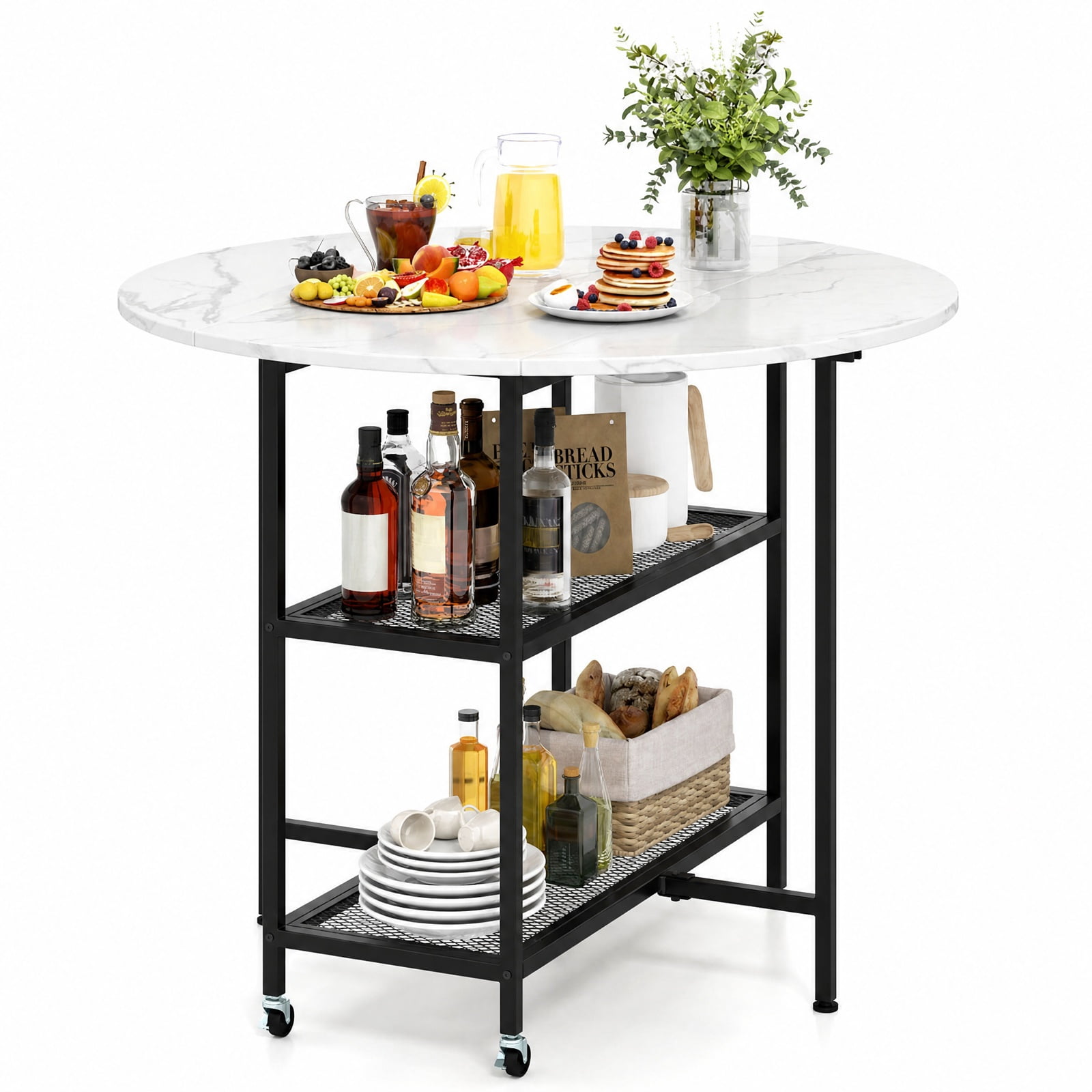 Furnibear Folding Round Dining Table with Lockable Wheels and 2 Storage Shelves and Sturdy Metal Frame for Small Spaces, White
