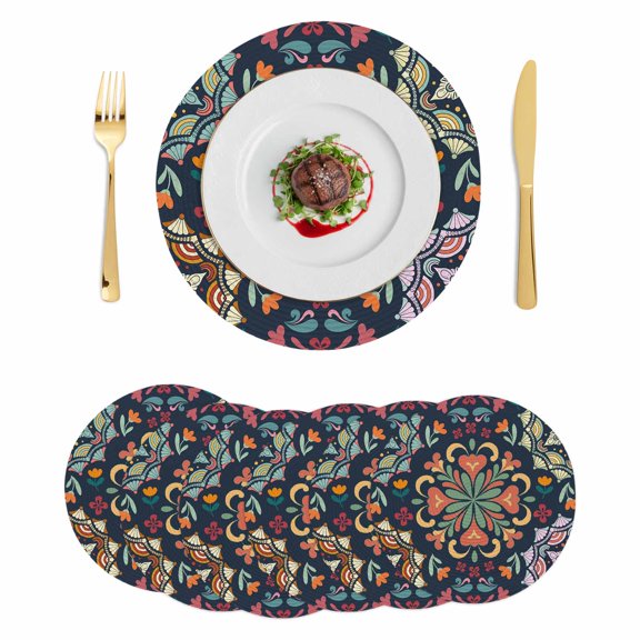 Vintage Flower Round 13 Inch Placemats Set of 6, Boho Abstract Colorful Ethnic Floral HeatResistant Non Slip Place Mats for Dining Table, Wipeable Braided Kitchen Table Mats for Housewarming
