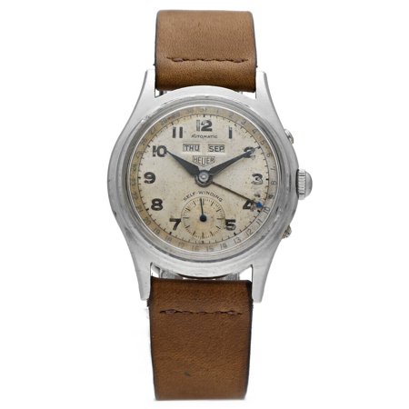 Vintage Heuer Triple Date Calendar Steel Leather 34mm Auto Bumper Wrist Watch