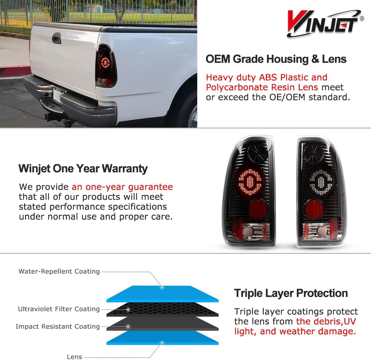Winjet LED Tail Lights Fit For 1997-2003 Ford F150 & 1999-2007 Ford F250/F350/F450/F550 Super Duty Taillight Assembly w/LED Turn Signal/Running/Brake Light (Black Housing Clear Lens)