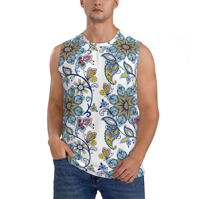 Fotbe Flowers and Butterflies Men's Camiseta sin Mangas Estampada para Hombres, Playera Casual para Gimnasio, Entrenamiento, Playa-X-Large