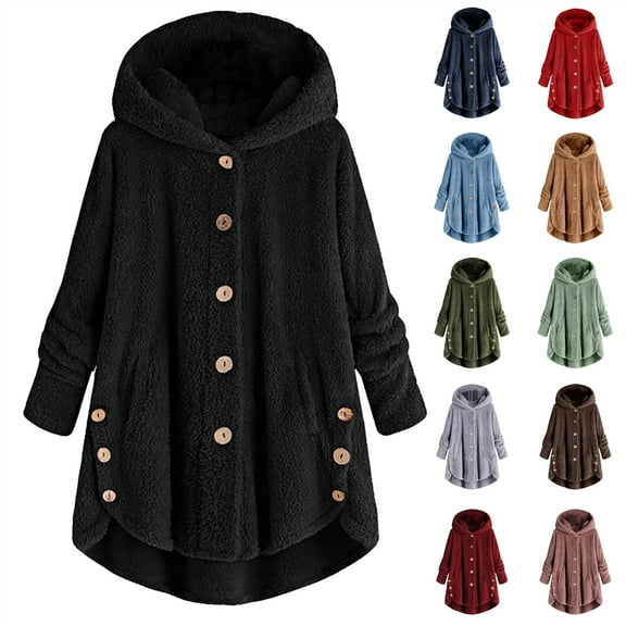 QATAINLAV Womens Sherpa Jackets Plus Size Button Down Fleece Hoodies Casual Loose Side Slits Plush Cardigan with Pockets, Green, XXL