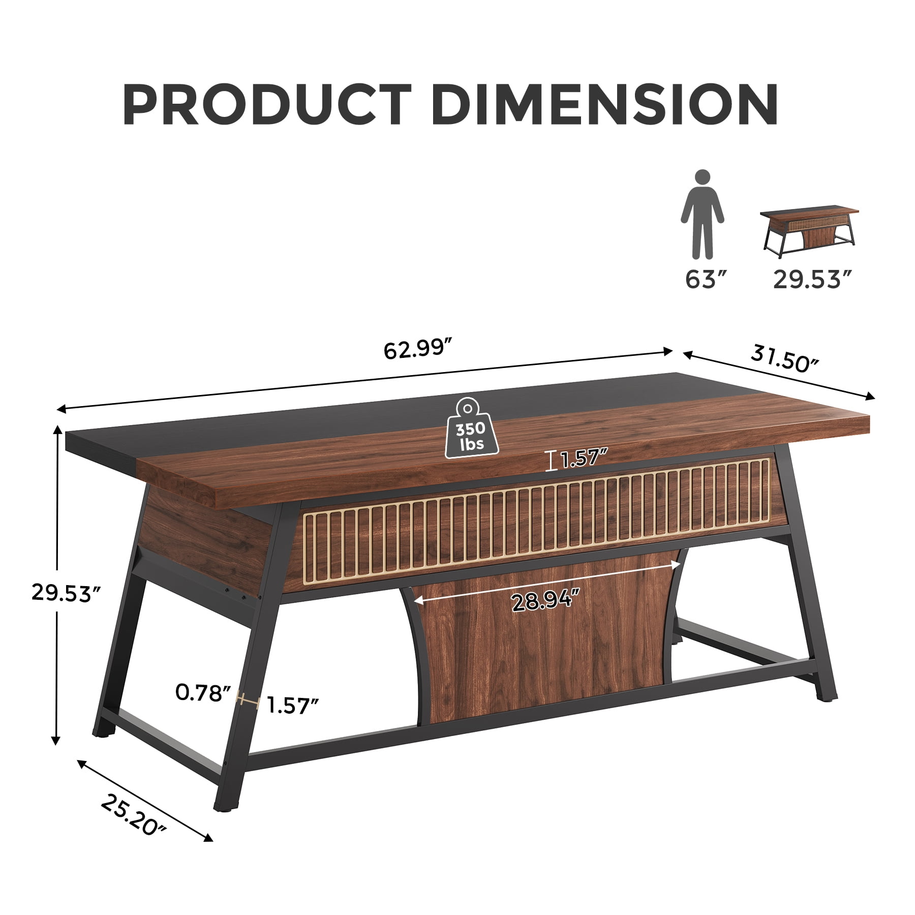 Condemo 63 Inch Executive Office Desk, Large Computer Table with Metal Frame & Storage Shelf, Study Writing Workstation with LED Light, Modern Business Furniture for Home Office, Walnut and Black